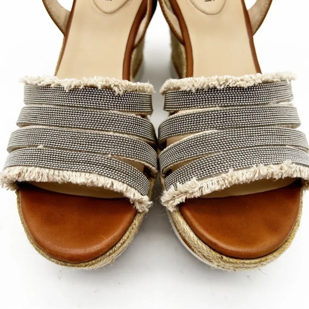 Vaneli Caila Tan Natural Canvas Silver Beaded Espadrille Wedge Boho Sandal 9.5